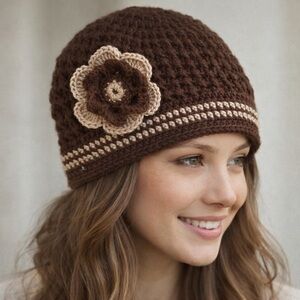 Gray and Cream Crochet Beanie with Flower Accent